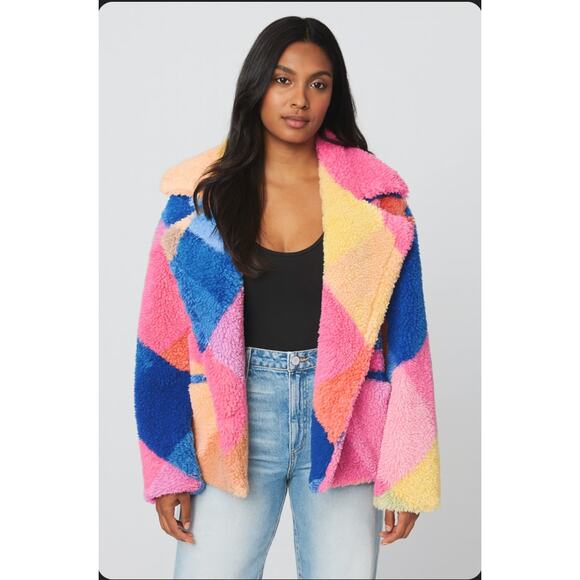 Anthropologie Blank NYC Teddy Sherpa XS Coat Rainbow Patchwork Colorblock Jacket - Picture 1 of 9
